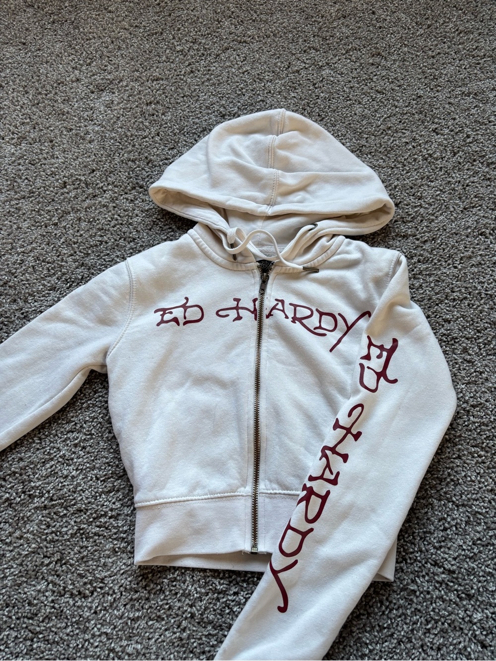 Ed Hardy White Zip Hoodie with Burgundy Logo Lettering
